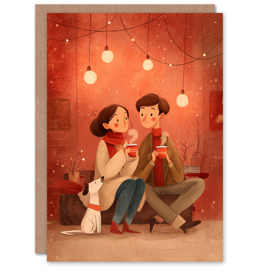 Cute Couple and Pet Dog in Cosy Cafe Illustration Valentine's Day Card
