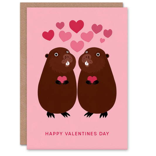 Cute Beavers Holding Love Hearts Animal Illustration Valentine's Day Card