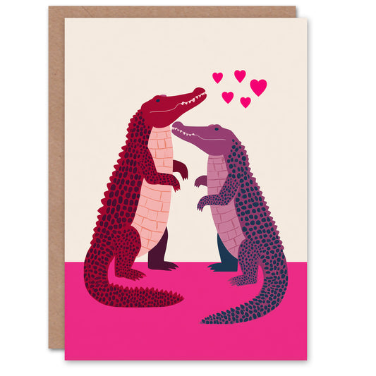 Cute Pink Purple Crocodiles Modern Illustration Valentine's Day Card
