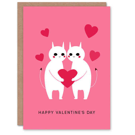 Two Cute Kawaii Cartoon Demons in Love Modern Fun Valentine's Day Card
