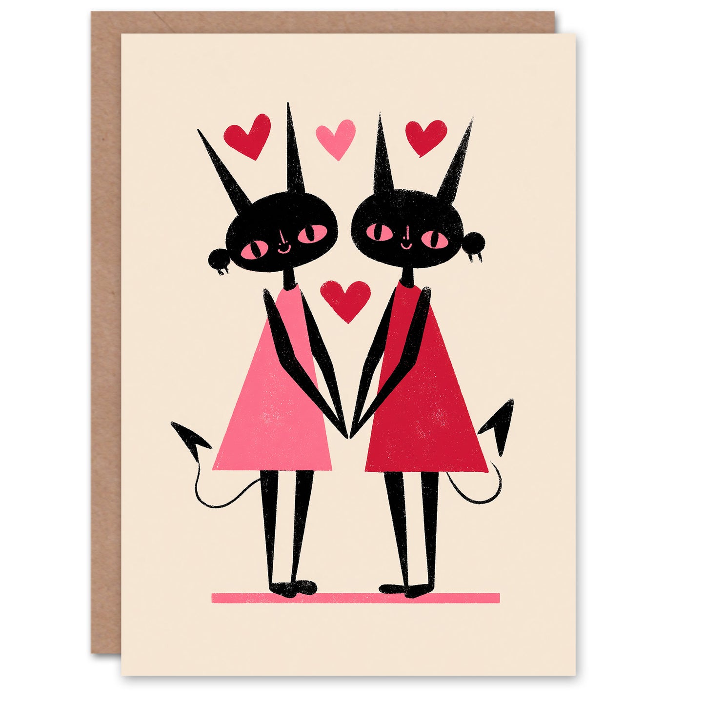 Devil Girls Holding Hands Modern Illustration Valentine's Day Card