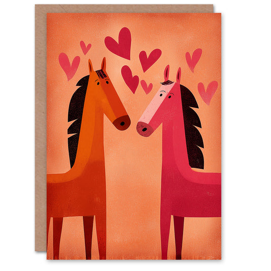 Cute Horse Couple Love Hearts Modern Illustration Valentine's Day Card