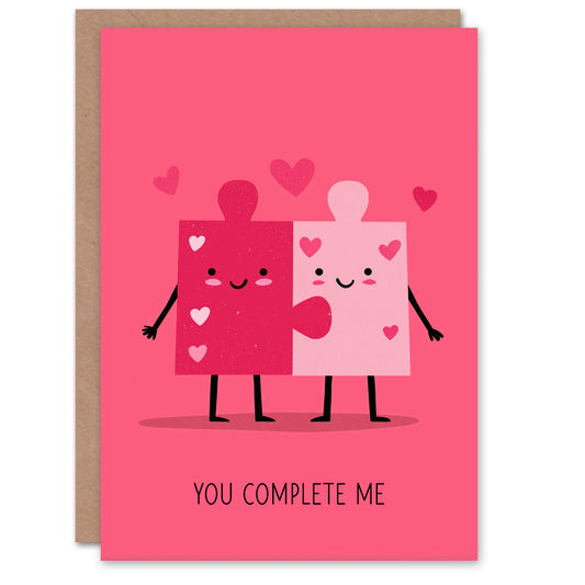 You Complete Me Cute Pink Puzzle Pieces Match Valentine's Day Card
