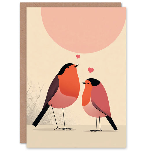 Robin Bird Couple in Love Modern Illustration Valentine's Day Card