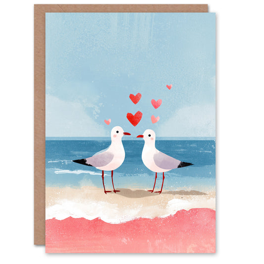 Seabird Sweethearts Seagulls on Sandy Beach Valentine's Day Card