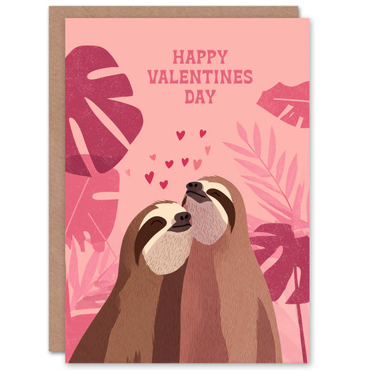 Cute Sloth Couple Hugging and Pink Monstera Plants Valentine's Day Card