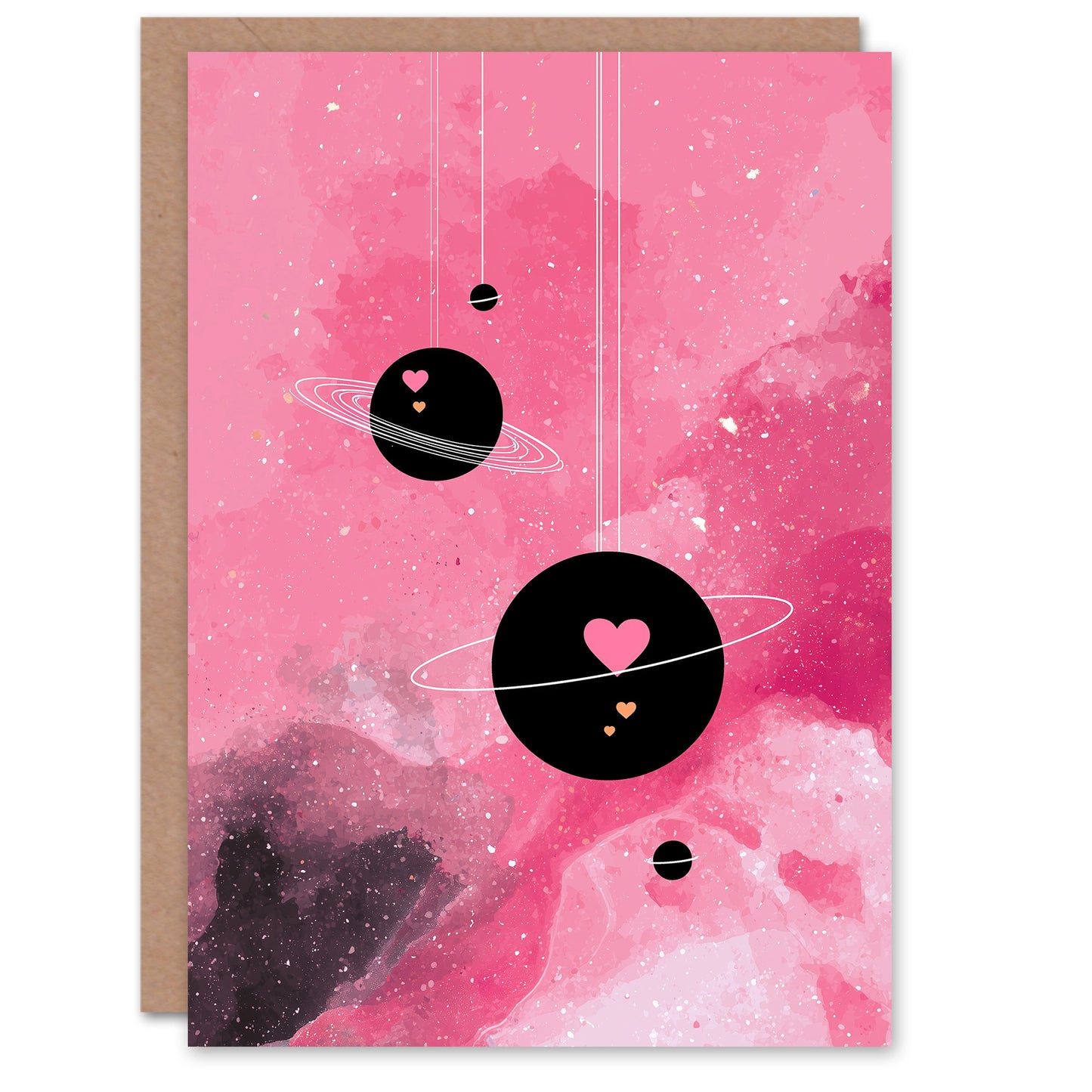 Hearts in Orbit Planets in Pink Abstract Galaxy Valentine's Day Card