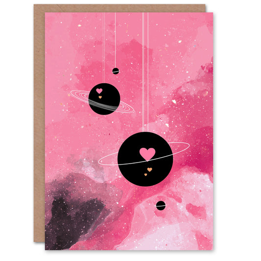 Hearts in Orbit Planets in Pink Abstract Galaxy Valentine's Day Card