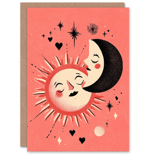 Sun and Crescent Moon Celestial Couple Retro Pink Valentine's Day Card