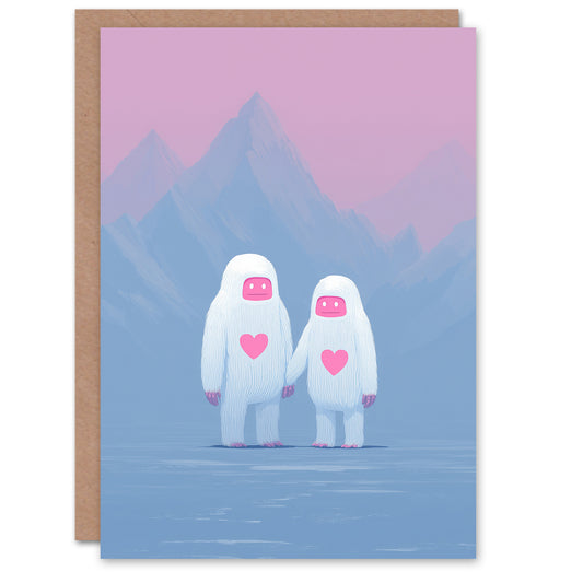 Cute Yeti Couple in Pastel Mountain Landscape Valentine's Day Card