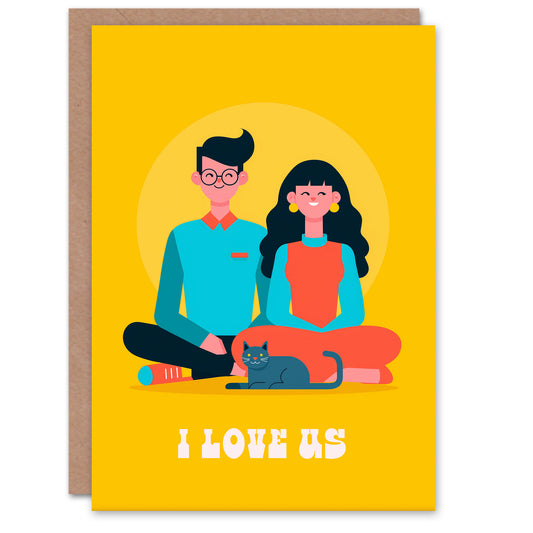 Love Us Cute Couple With Pet Cat Modern Illustration Valentine's Day Card
