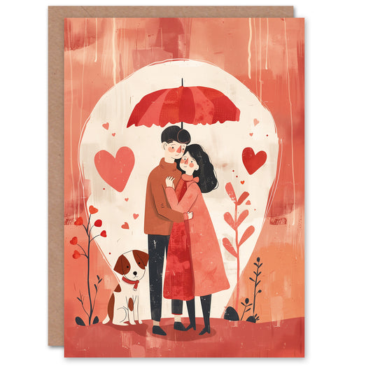 Cute Romantic Couple With Pet Dog Under Umbrella Valentine's Day Card