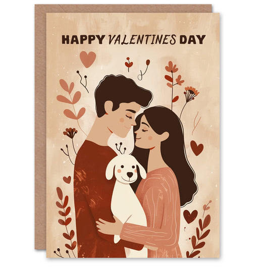 Cute Couple With White Pet Dog Boho Illustration Valentine's Day Card