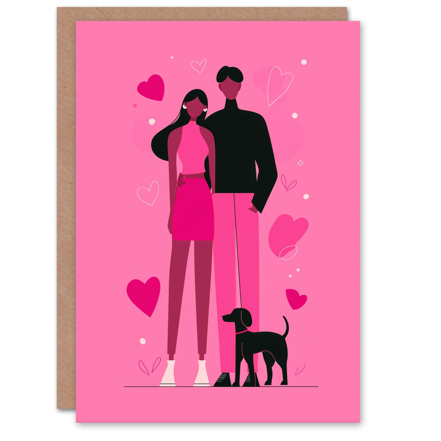 Couple With Pet Dog Pink Black Bold Minimalist Valentine's Day Card