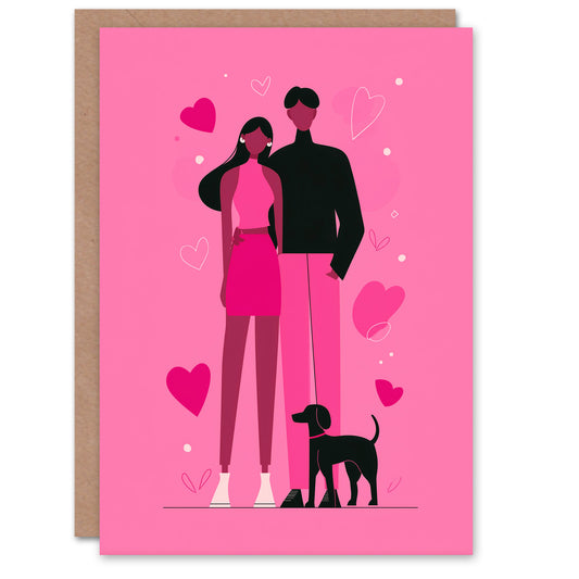Couple With Pet Dog Pink Black Bold Minimalist Valentine's Day Card