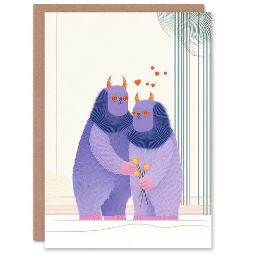 Cute Purple Monster Couple With Flower Bouquet Valentine's Day Card