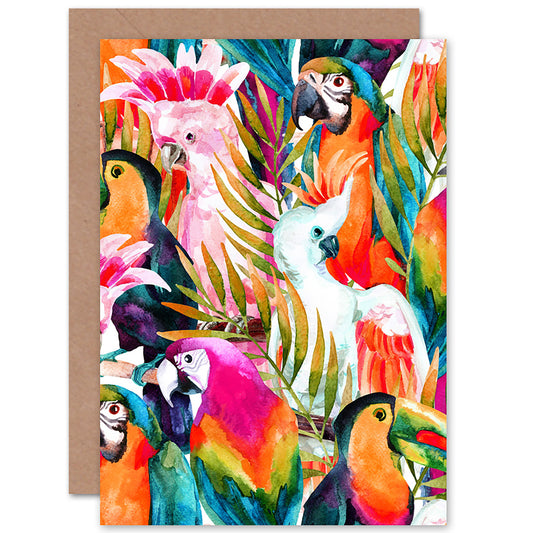 Parrot Cockatoo Birds Jungle Pattern Painting Greetings Card