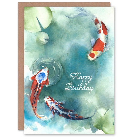 Happy Birthday Japanese Koi Fish and Lily Pads Birthday Card