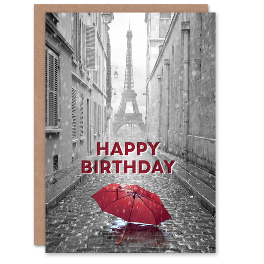 Happy Birthday Paris Eiffel Tower and Red Umbrella Birthday Card