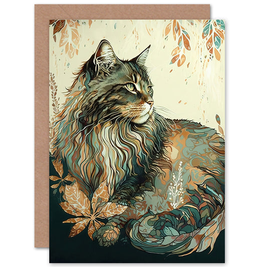 Maine Coon Cat With Flower Pattern Modern Watercolour Illustration Art Greeting Card