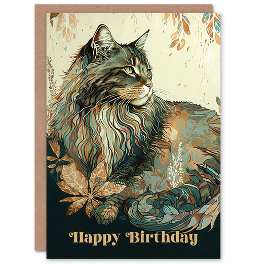 Happy Birthday Maine Coon Cat with Leaf Pattern Birthday Card
