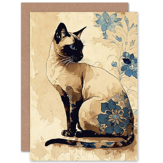 Siamese Cat With Blue Flowers Watercolour And Ink Modern Illustration Art Greeting Card