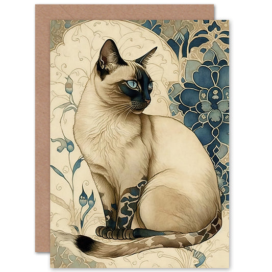 Siamese Cat With Blue Flower Pattern Modern Art Nouveau Greeting Card