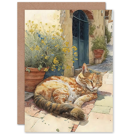 Sunbathing Village Street Watercolour Cat Greetings Card