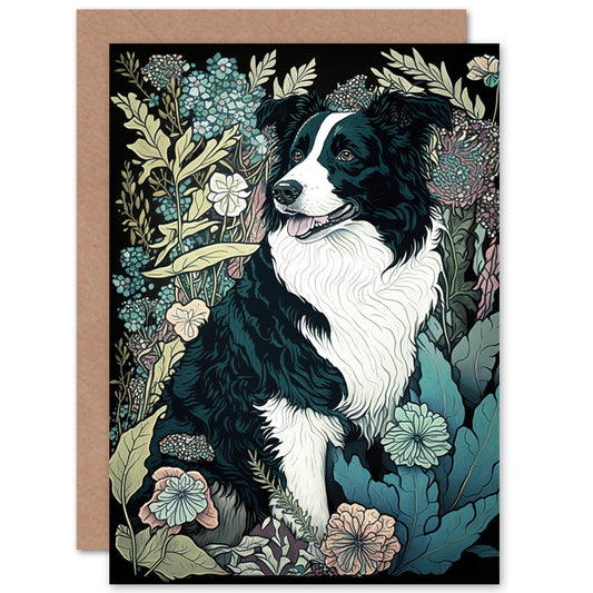 Border Collie Dog In Wildflower Field Modern Illustration Art Greeting Card