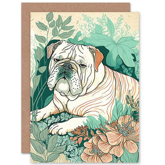 Bulldog Lying Flower Field Dog Modern Birthday Card