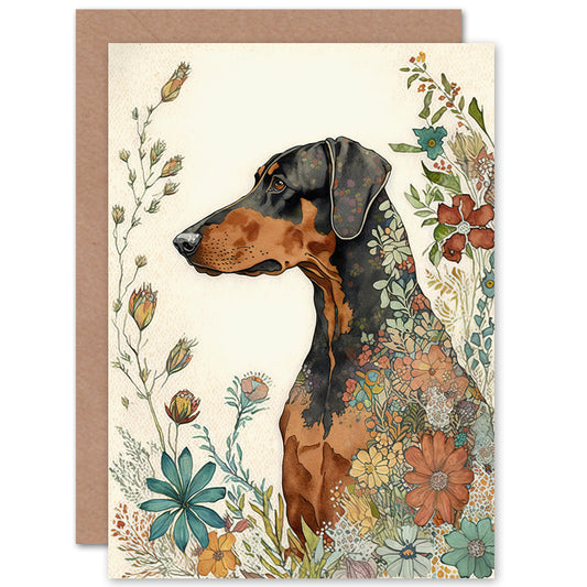 Doberman Dog With Spring Flowers Colourful Watercolour Illustration Art Greeting Card