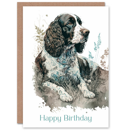 Happy Birthday Dog Lying in Field Modern Watercolor Birthday Card