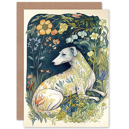 White Greyhound Dog With Floral Pattern In Flower Field Illustration Art Greeting Card