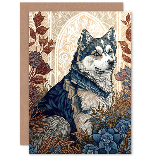 Siberian Husky Autumn Flower Field Dog Birthday Card