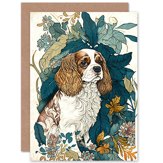 King Charles Spaniel Leafy Plants Dog Greetings Card