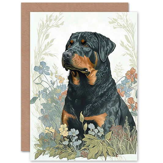 Rottweiler Dog Sitting In Flower Field Modern Watercolour Illustration Art Greeting Card