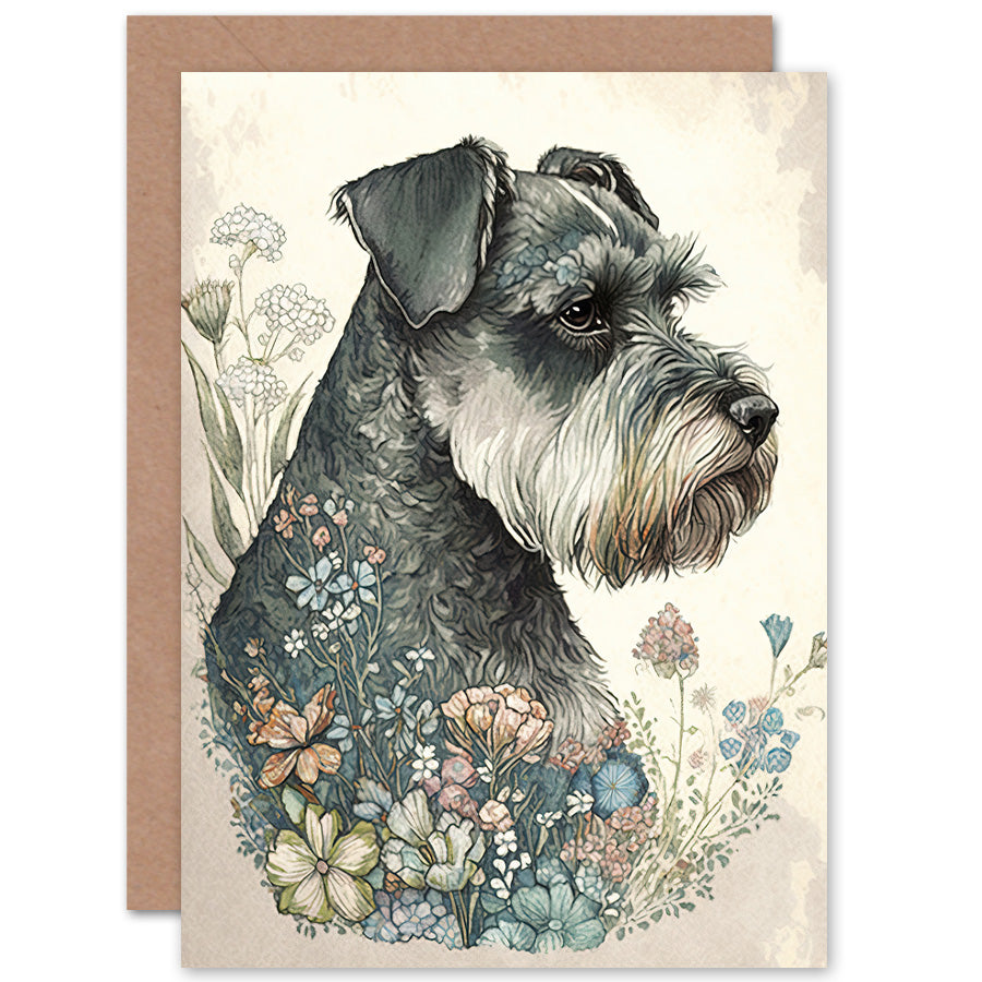 Grey Schnauzer Dog And Spring Flowers Boho Portrait Watercolour Greeting Card