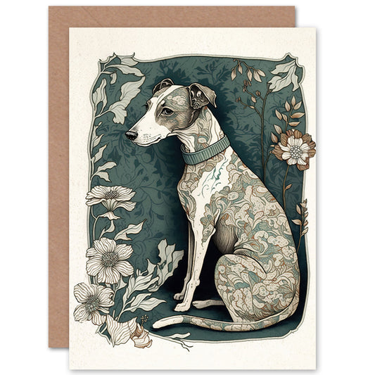 Whippet Dog With Floral Pattern Art Nouveau Inspired Watercolour Art Greeting Card