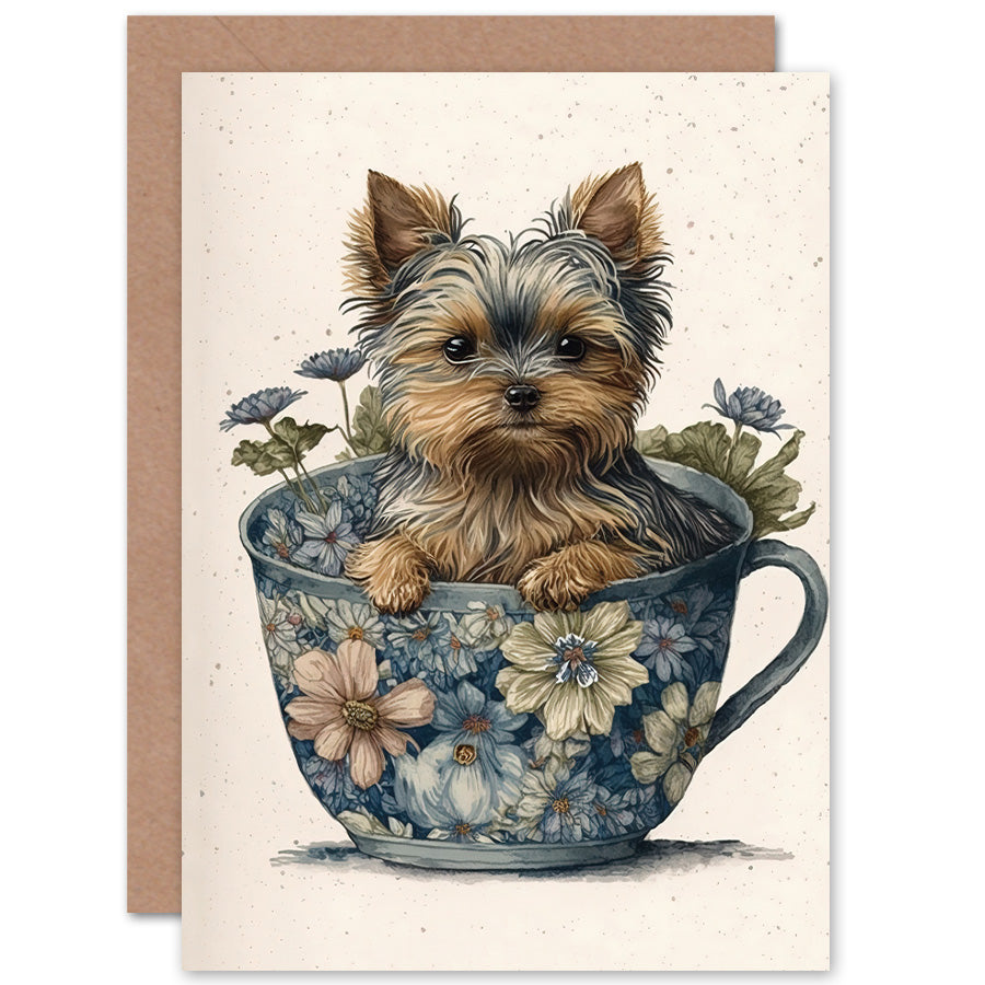 Teacup Yorkshire Terrier Flower Tea Cup Dog Greetings Card