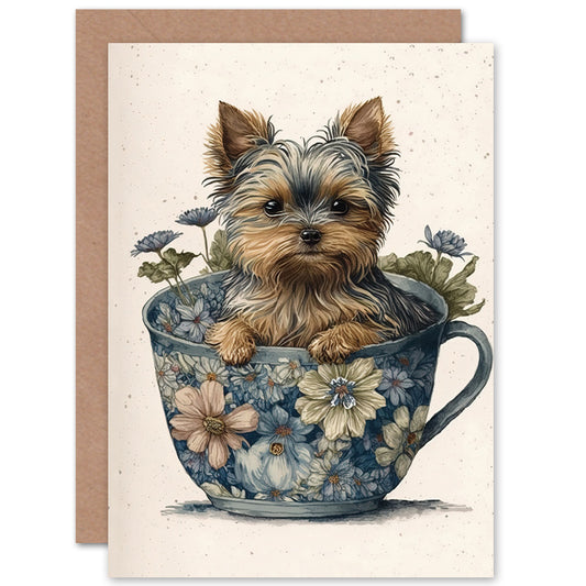 Teacup Yorkshire Terrier Flower Tea Cup Dog Greetings Card