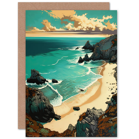 Porthcurno Sandy Beach Cliffs Coastal Landscape Travel Greeting Card
