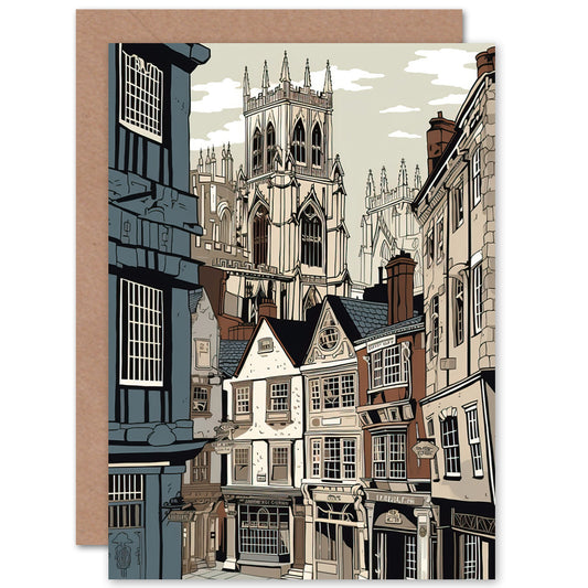 Shambles Street Cityscape With York Minster Towers Travel Greeting Card