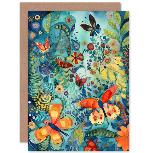 Butterfly Insects In Flower Field Modern Folk Art Nature Greeting Card