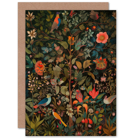 Birds On Blooming Trees In Spring Modern Folk Art Nature Greeting Card