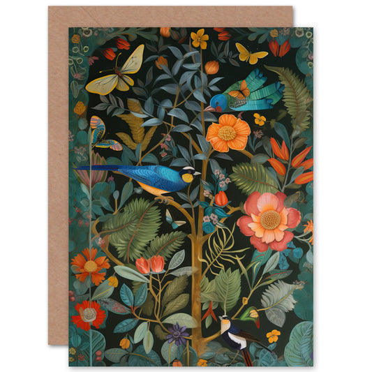 Birds And Butterflies Modern Flower Art Nouveau Nature Greeting Card