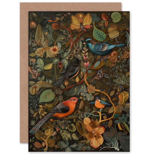 Birds And Butterflies On Autumnal Tree Folk Art Nature Greeting Card