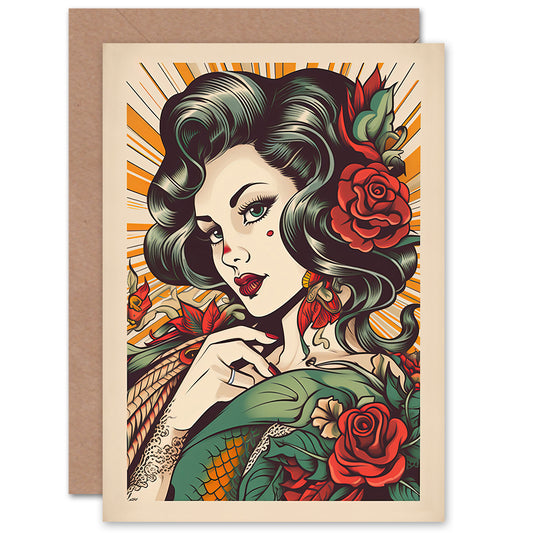 Tattoo Pin Up Girl Roses Rockabilly Americana Art Greeting Card