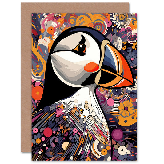 Puffin Portrait Bird Lover Geometric Maximalist Art Greeting Card