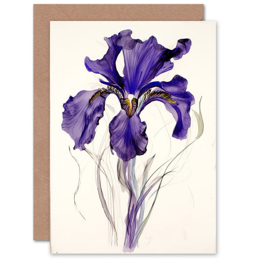 Single Iris Watercolour Flower Bloom Art Greeting Card
