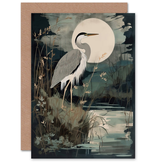 Supper Time Moonlit Heron Earthy Art Greeting Card